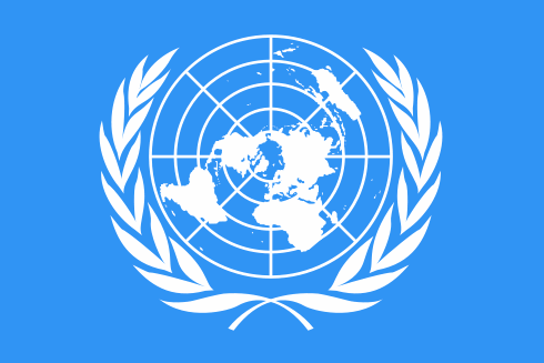The Flag of the United Nations World globe logo white wreath blue background graphic design 