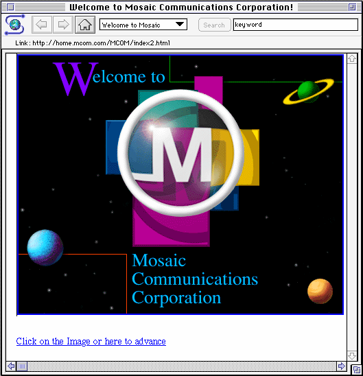 Mosaic 1.0 running under System 7.1, displaying Welcome to Mosaic Communications Corporation (later Netscape) website.