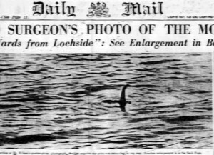 The most famous photo of the Loch Ness Monster aka The Surgeons Photograph in the Daily Mail newspaper in 1934