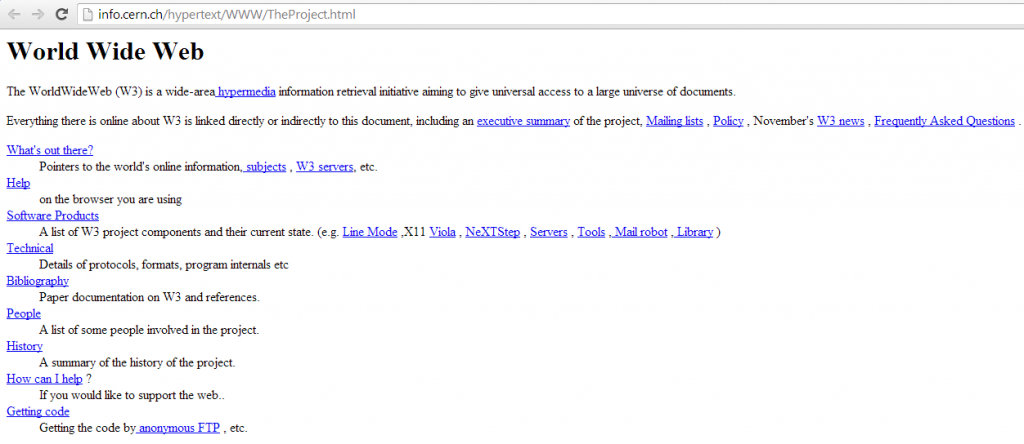 The Worlds 1st webpage World Wide Web site launched 30th April 1993 W3 hypermedia information screenshot