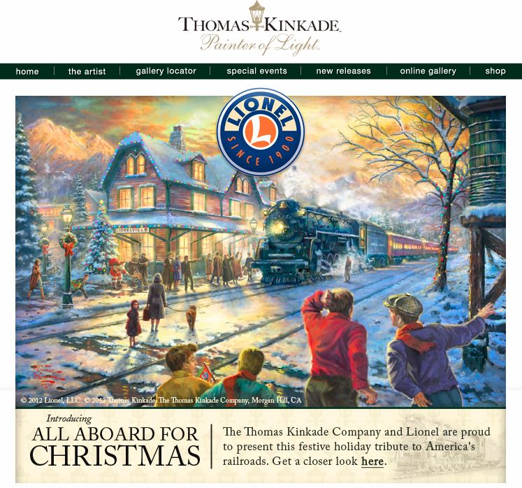 Thomas Kinkade.com website Painter of Light artist gallery Lionel prints reproductions American oil paintings Christmas snow train art scene