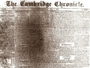 Frontpage of the Camrbidge Chronicle, first Issue 7th May 1846, the oldest surviving newspaper in United States 