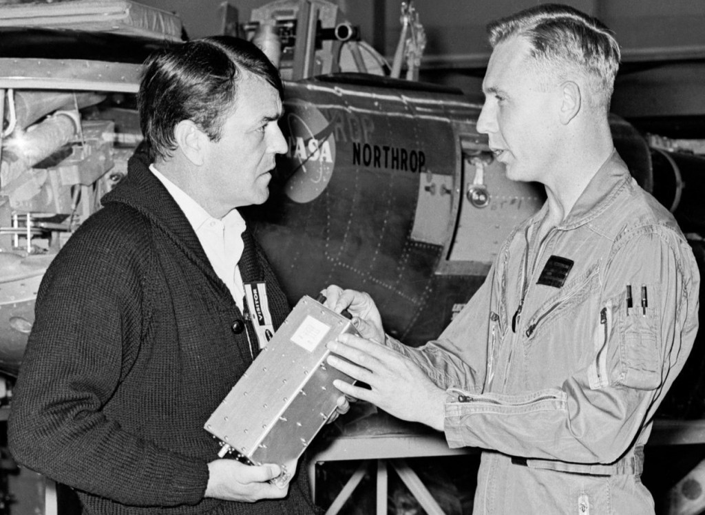 James Doohan aka Scotty visiting NASA's Dryden Flight Research Center with pilot Bruce Peterson on 13 April 1967 in front of the Northrop M2-F2