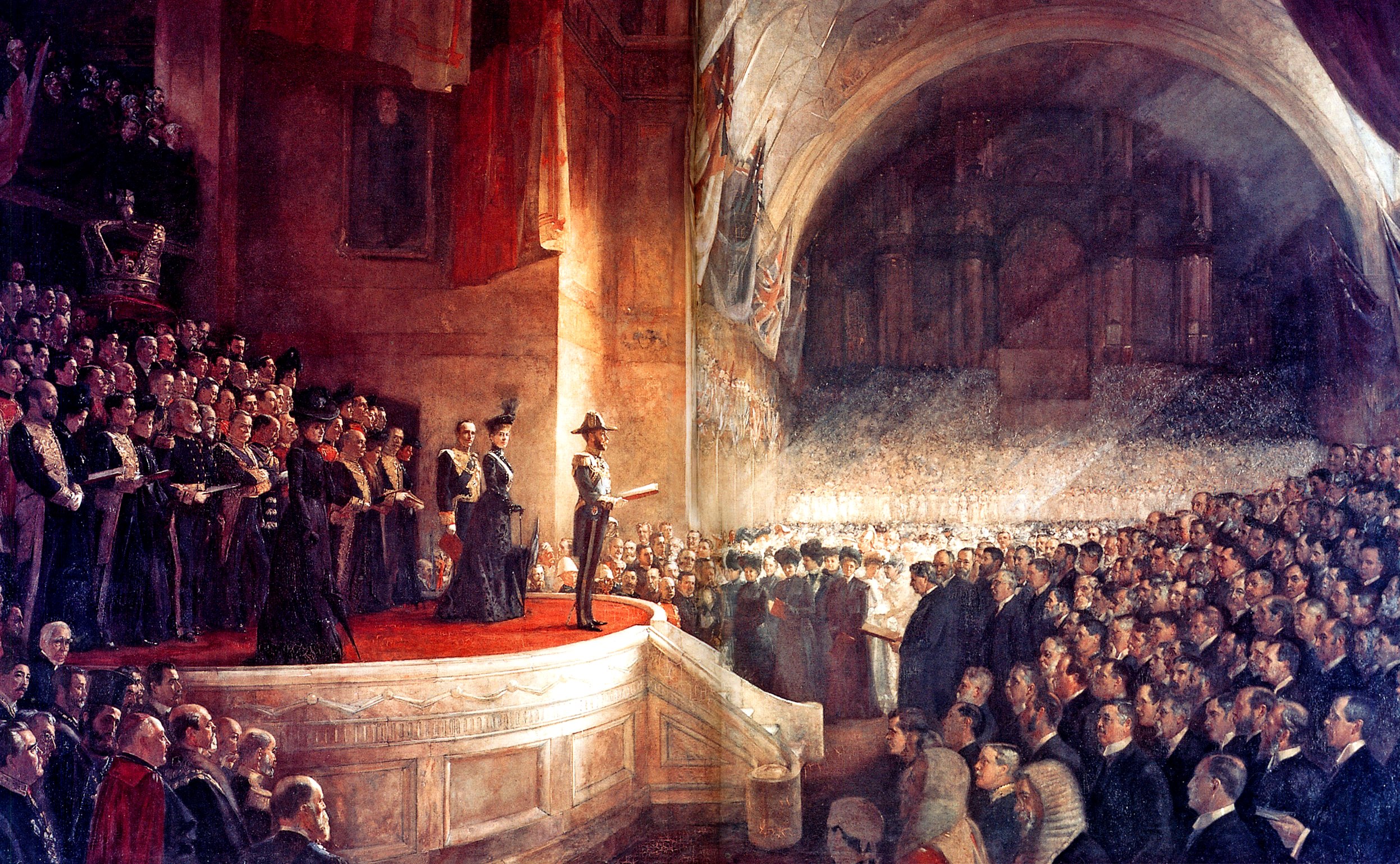 'The Big Picture' oil painting on canvas by Tom Roberts, featuring the opening of Parliament Australia on 9 May 1901 in Melbourne by Prince George Duke of Cornwall & York , later known as King George V, at the Royal Exhibition Building, Melbourne