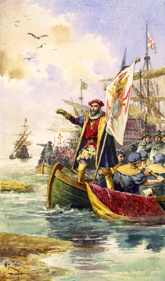 Vasco da Gama explorer landing Calicut India 20May 1498 rowboat ships ocean sea watercolour painting Luís de Camões