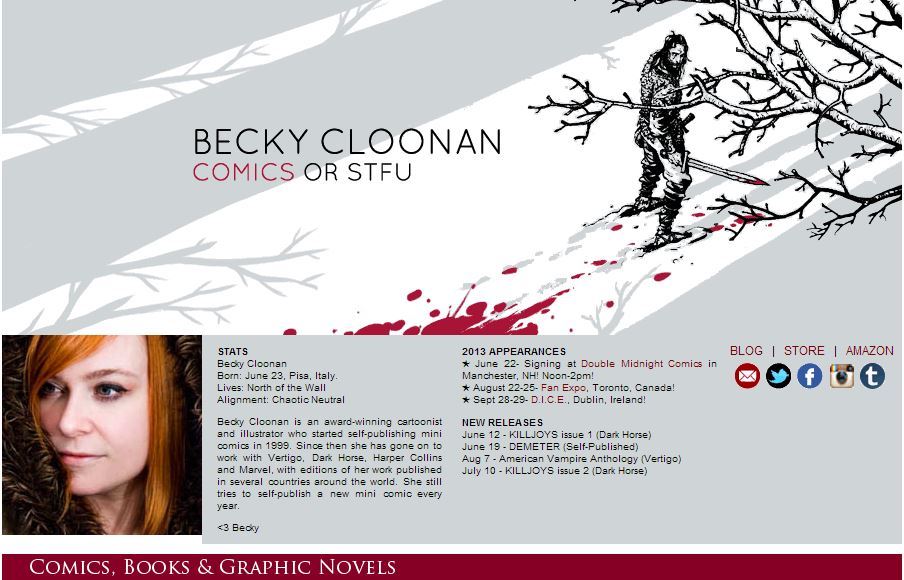 Becky Cloonan website American artist author illustrator girl comic book creator drawing red hair sword snow blood