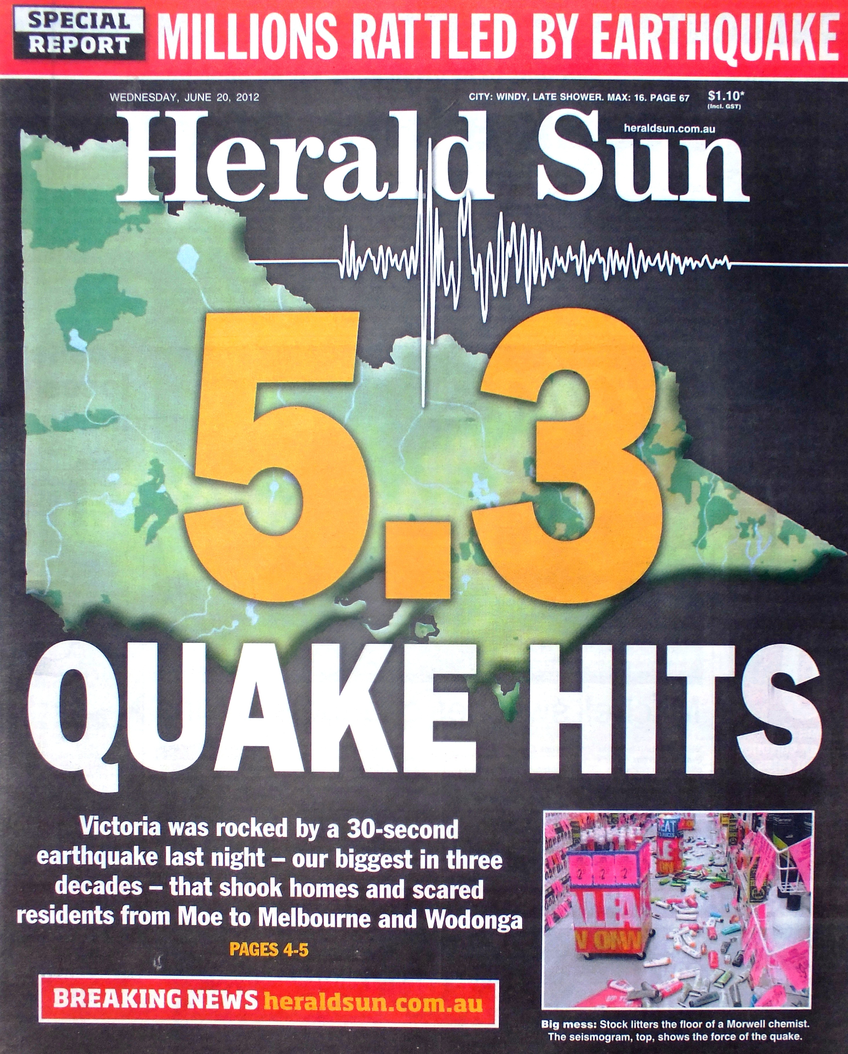 The Herald Sun newspaper front page of the breaking news on the following morning after the earthquake (20 June 2012)
