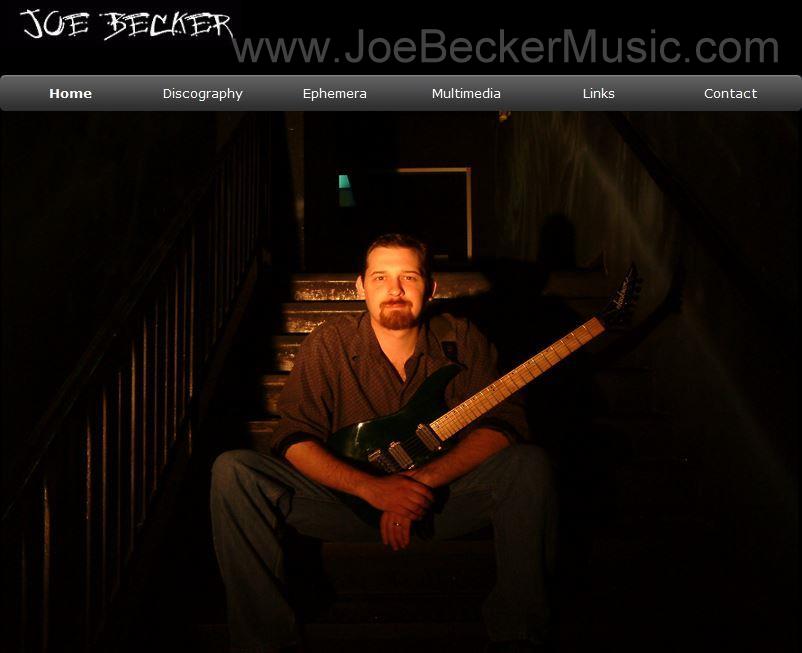 Joe Becker Music website homepage American guitarist electric guitar sitting steps dark staircase 