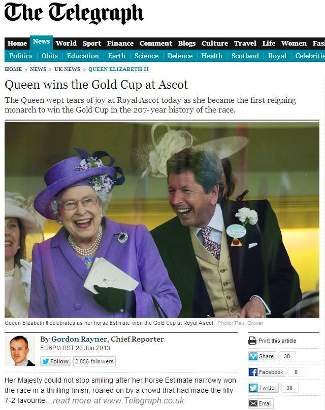 Queen wins Gold Cup Ascot horse race Elizabeth2 happy smiling Estimate won winning purple hat jacket www.Telegraph.co.uk news headline