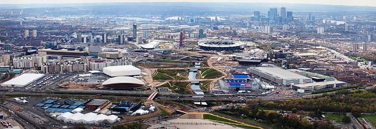 2012 Summer Olympics panoramic aerial view Olympic Park England UK London stadium arena village city buildings tower
