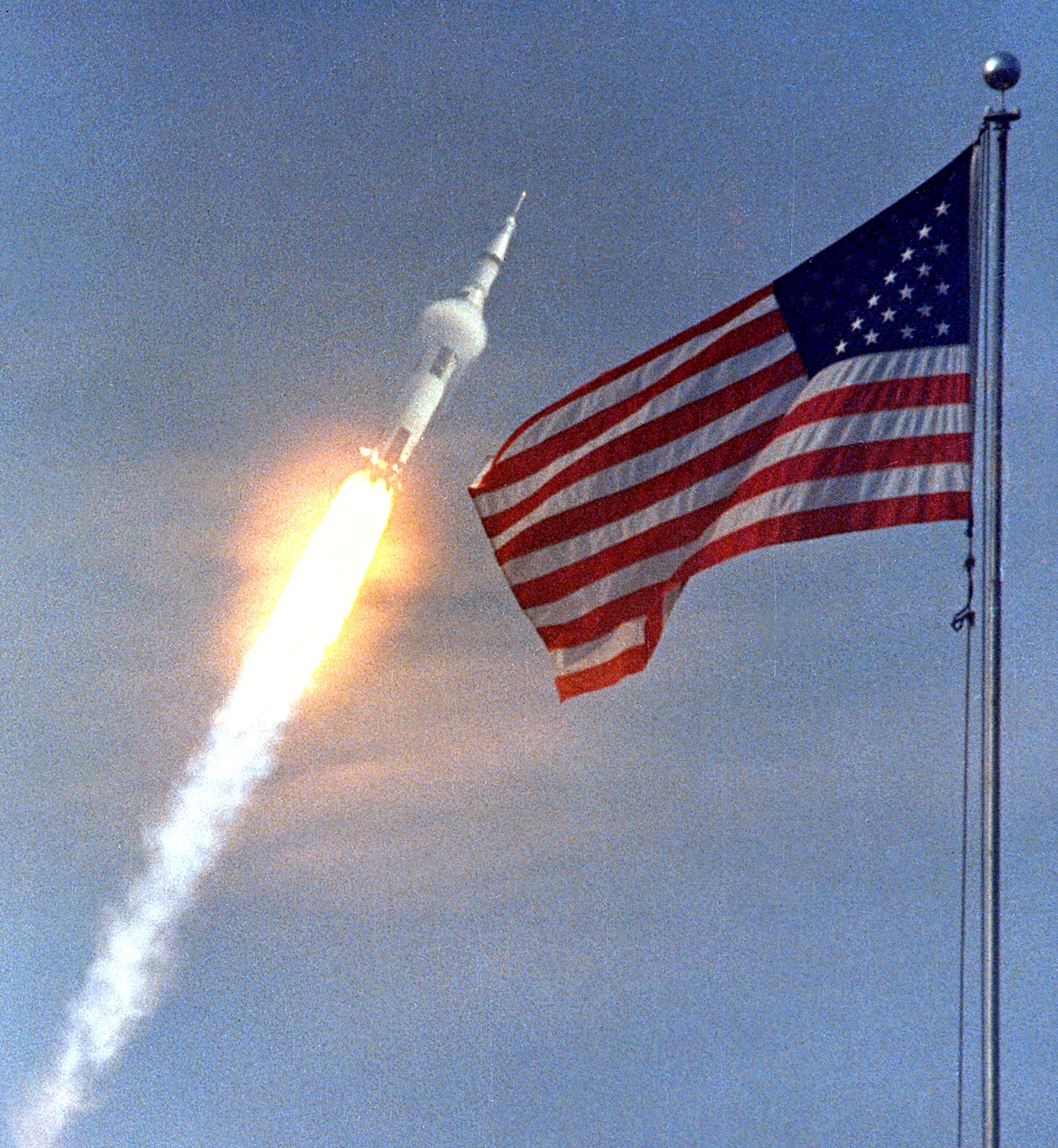Apollo-11 Saturn-V rocket launch Mach1 American flag flying 16th July 1969 Kennedy-Space-Center Nasa 