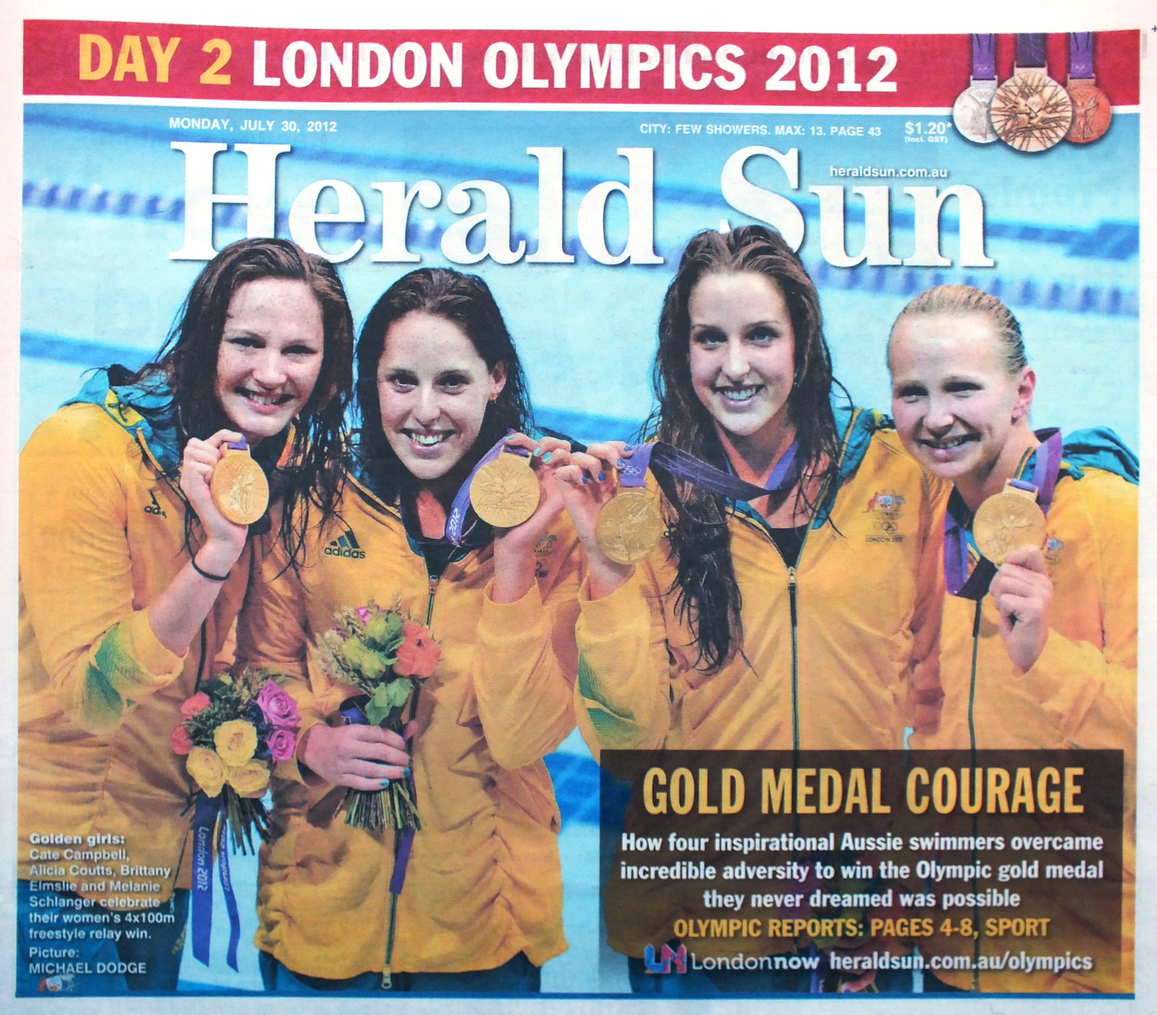 Australian women swimming relay team Olympic gold medals 2012 London Olympics Alicia-Coutts Cate-Campbell Brittany-Elmslie Melanie-Schlanger Herald Sun newspaper