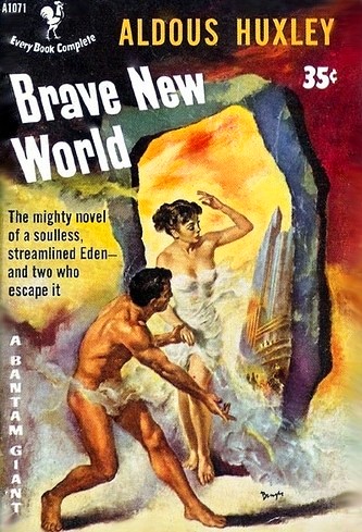 Brave New World Aldous Huxley Science fiction novel writer books cover art Chatto & Windus 1932 London man woman