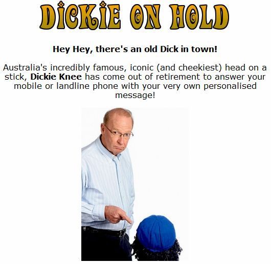 Dickie Knee on Hold John Blackman Hey Hey it's Saturday TV show voice over puppet blue hat cap mobile phone personalised message funny