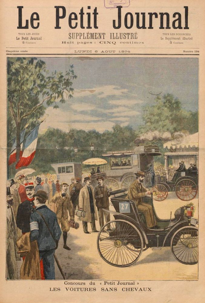 Le Petit Journal 1894 Paris Rouen Concours des Voitures sans Chevaux Worlds 1st motor car race France front page old newspaper Peugeot driver Louis Rigoulot
