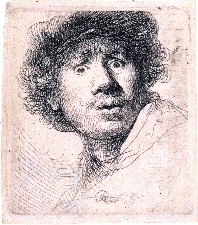 Rembrandt Self-portrait cap eyes wide open face etching burin 1630 artwork cold-chisel black & white art engraving