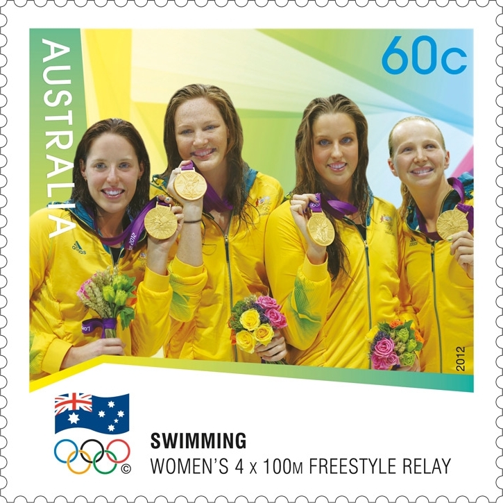 Women's 4x100m Freestyle Swimming team medals Australian Gold Medallist stamps 2012 London Olympics 60cent postage stamp collectable souvenir