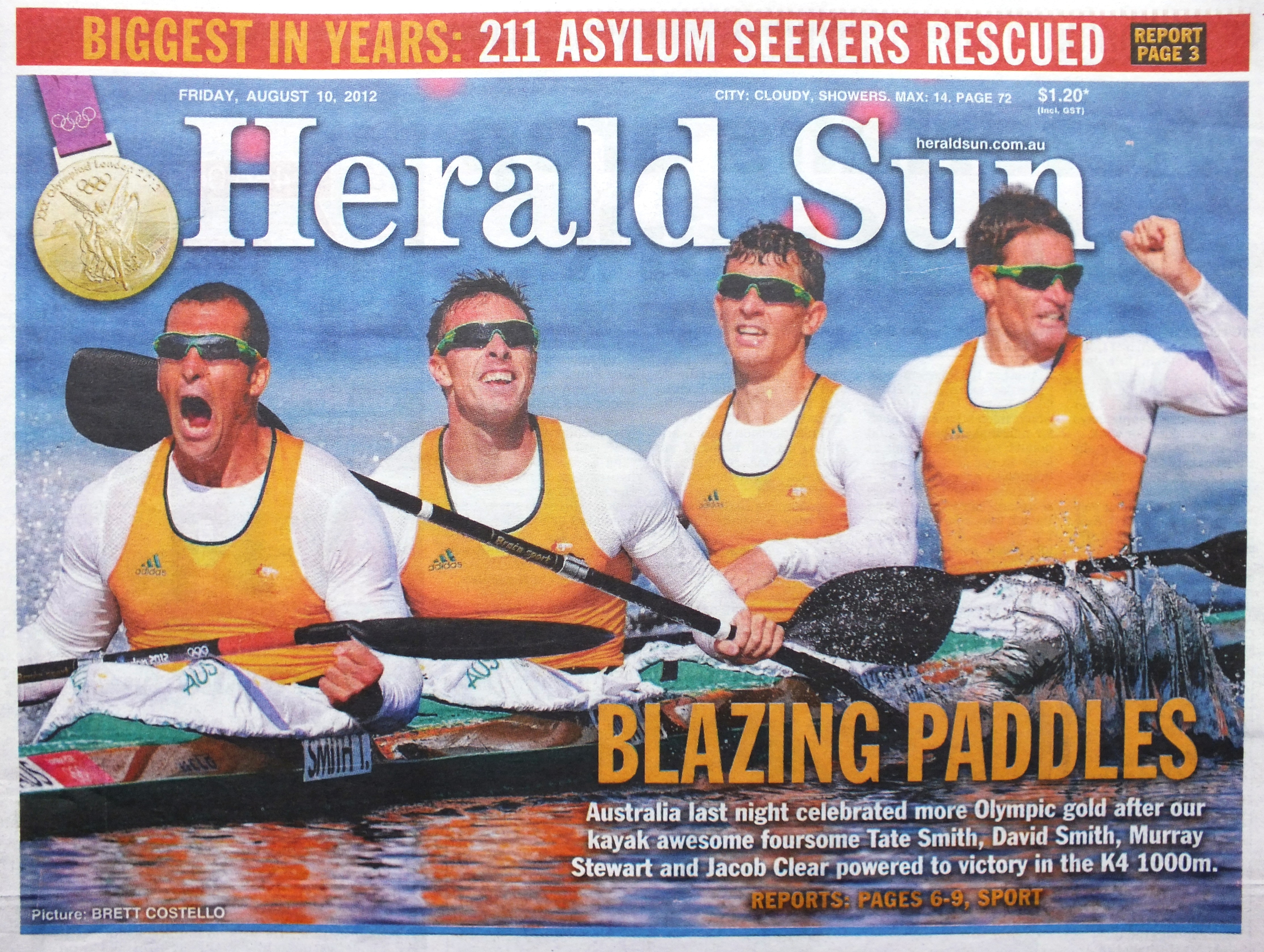 Australian K4 Mens Kayak won gold medal 1000m race 2012 London Olympics Eton Dorney Herald Sun newspaper