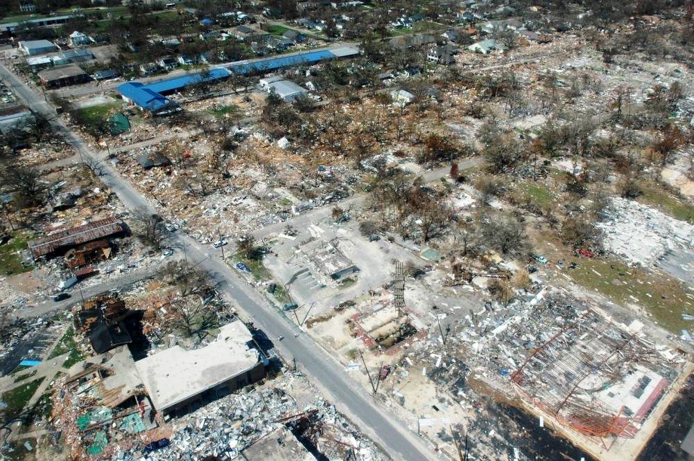 Hurricane Katrina damage Jeff Davis Avenue Long Beach Mississippi wrecked buildings School Public Library City Hall streets aerial photo