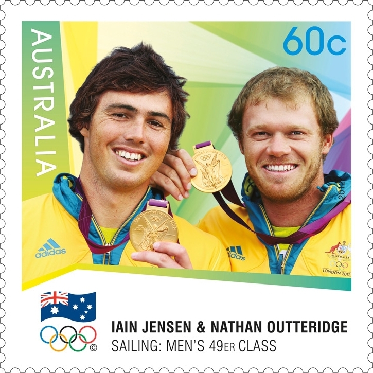  Iain Jensen & Nathan Outteridge Sailing Men's 49er Class medals Australian Gold Medallist stamps 2012 London Olympics 60cent postage stamp collectable souvenir