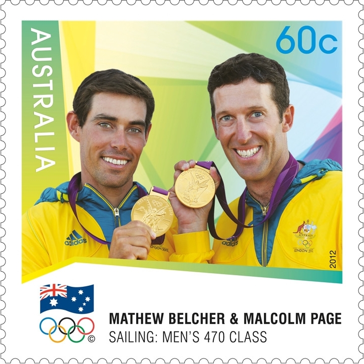 Mathew Belcher & Malcolm Page Sailing Men's 470 Class medals Australian Gold Medallist stamps 2012 London Olympics 60cent postage stamp collectable souvenir