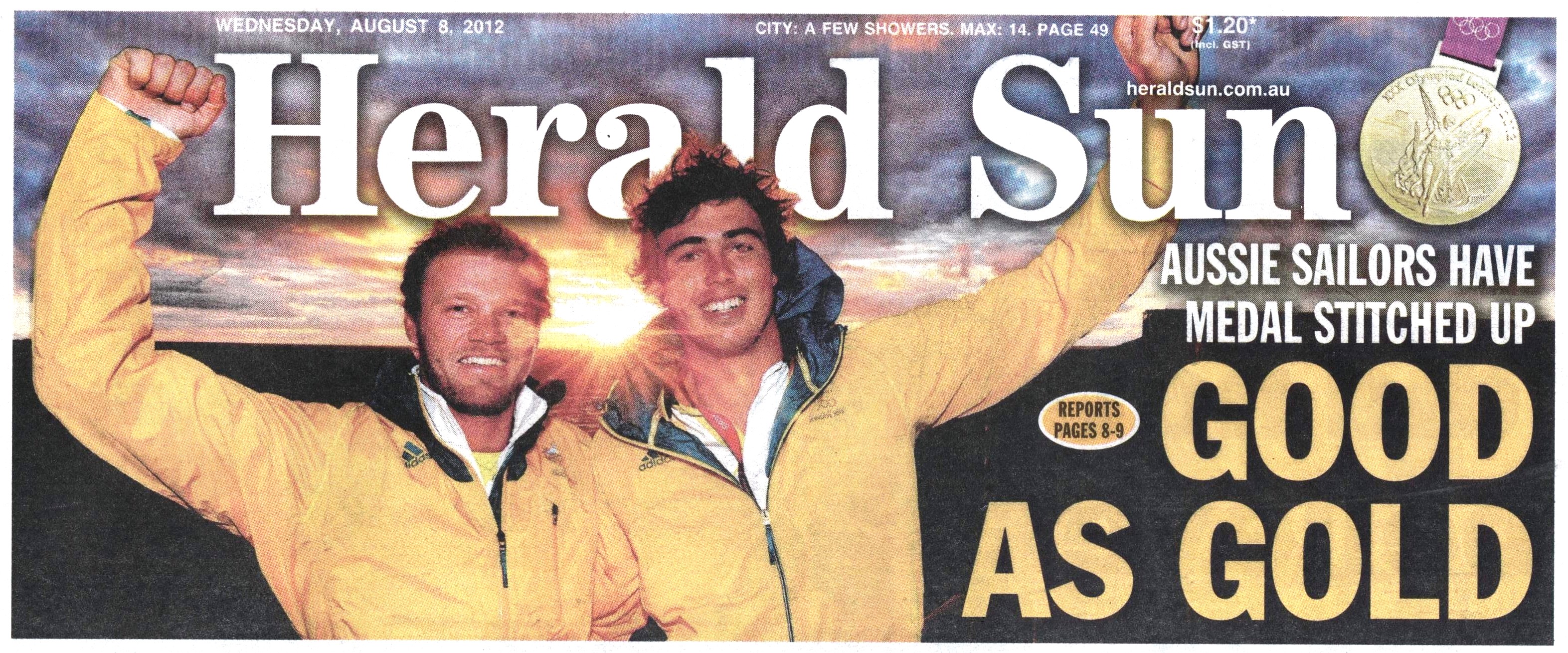 Nathan Outteridge Iain Jensen Australian winners gold medal 49er skiff race 2012 London Olympics sailors Herald Sun newspaper