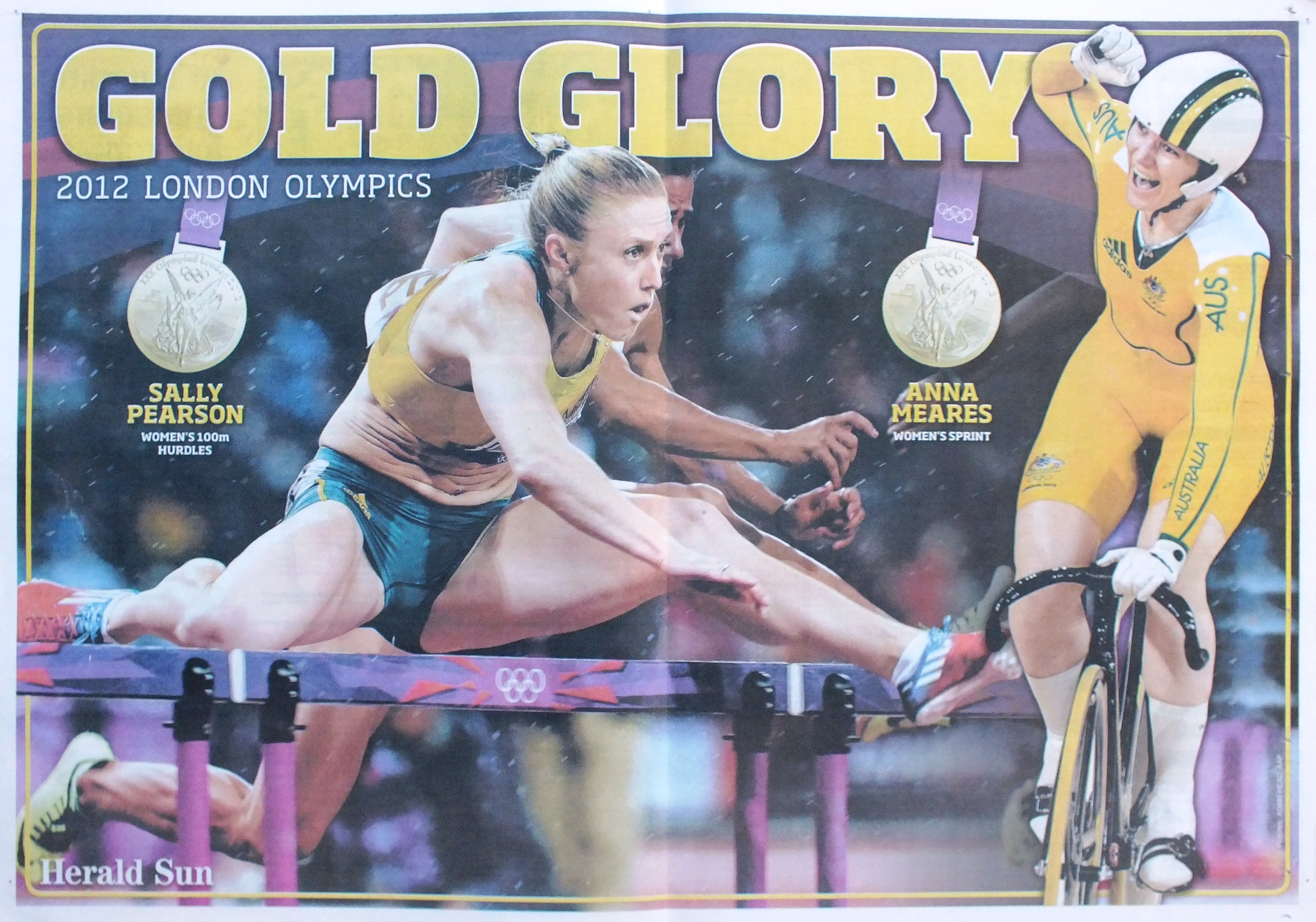 Sally Pearson Anna Meares Australian winners gold medal Women's 100m Hurdles Sprint Cycling 2012 London Olympics Herald Sun newspaper poster