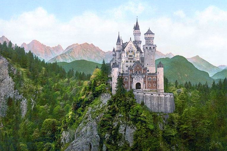 Schloss Neuschwanstein Castle Bavaria King Ludwig II Bayern Germany old 1890s photochrom print mountains forest