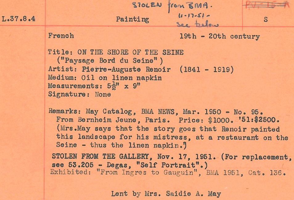 Baltimore Museum of Art gallery file card record loan Renoir painting stolen theft Paysage Bords de Seine 1951 Sadie May
