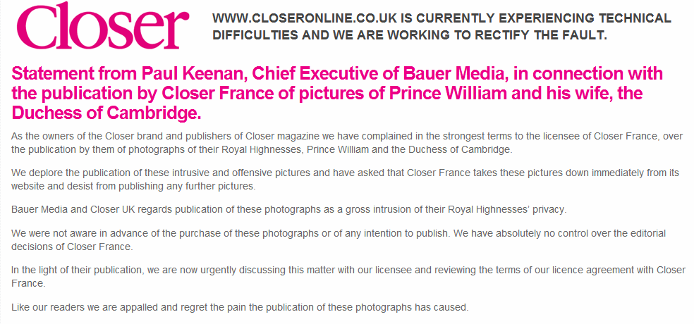 CloserOnline.co.uk website topless semi nude photos Kate Middleton Paul Keenan Bauer Media statement Closer France Duchess of Cambridge