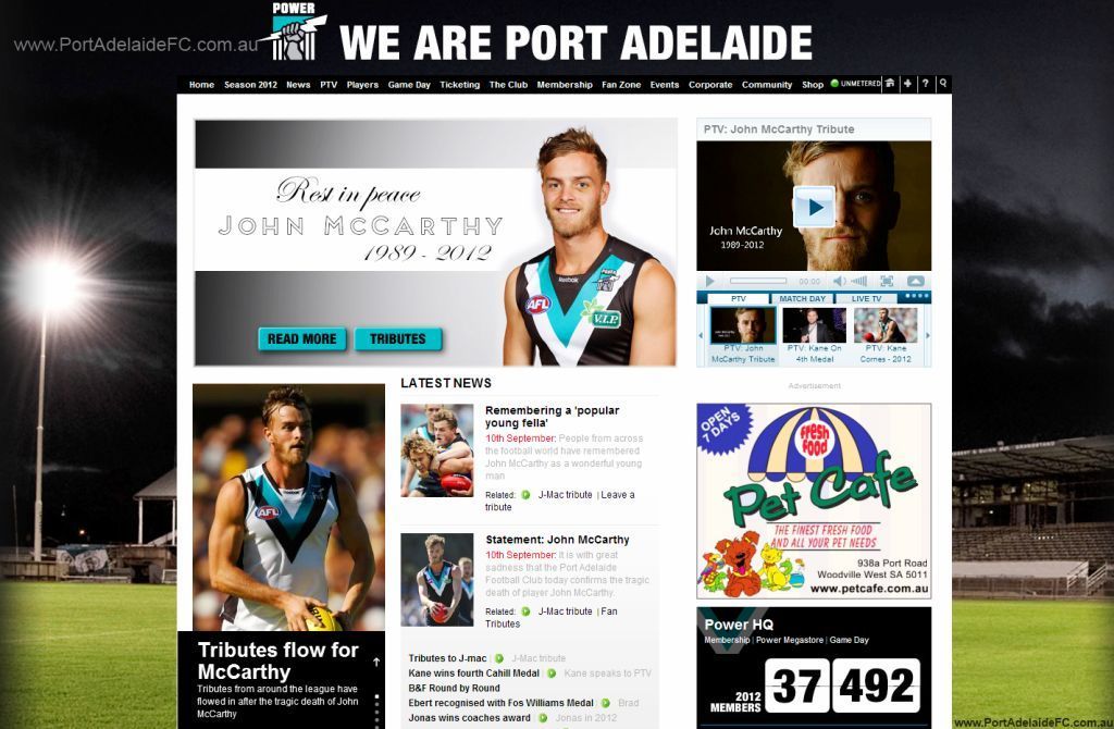 John McCarthy tribute Port Adelaide Football Club website AFL footballer died 9 September 2012 Australian Football League rip screenshot