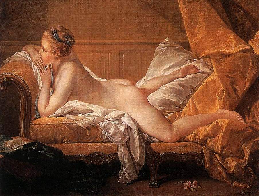 Oil painting canvas blonde girl portrait Marie Louise O'Murphy young mistress François Boucher nude woman antique lounge couch naked