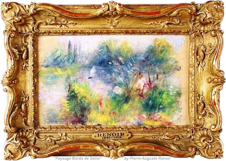 Renoir's Paysage Bords de Seine painting by Pierre-Auguste Renoir  French impressionism Virginia flea market $50 Potomack auction gold frame river flowers trees art