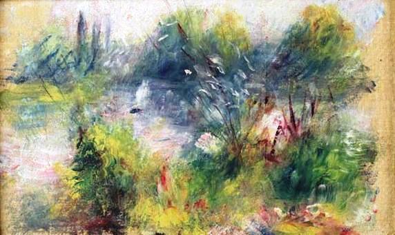 Paysage Bords de Seine painting by Pierre-Auguste Renoir French impressionism Virginia flea market $50 Potomack auction river scene flowers trees art