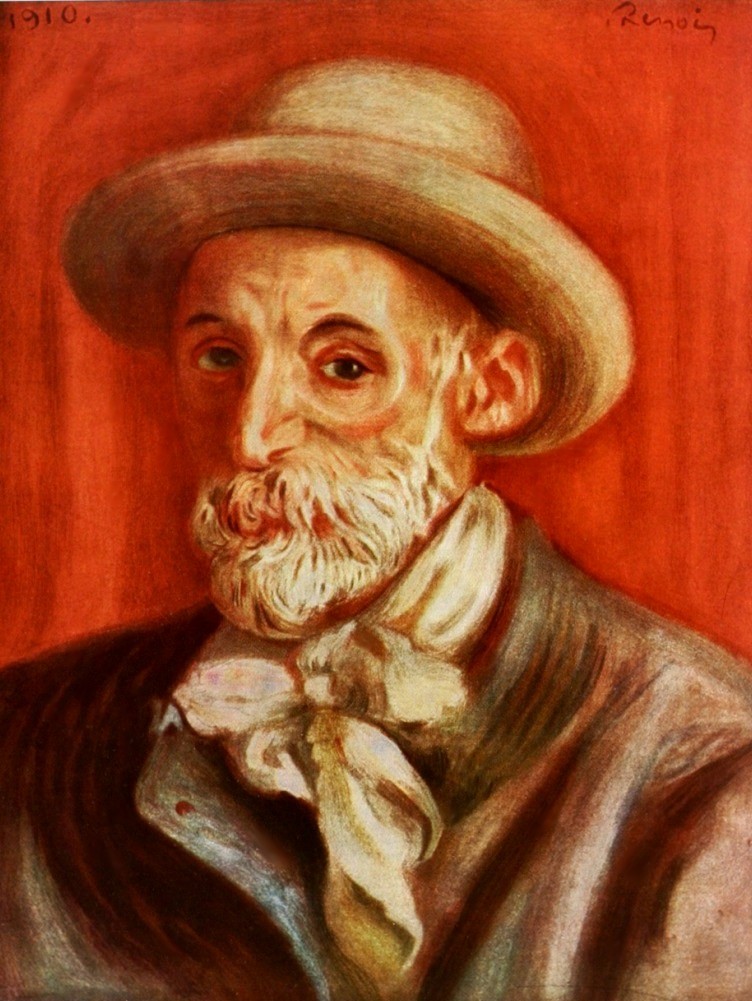 Renoir Self Portrait 1910 painting Pierre Auguste  French artist painter Impressionist oil painting red background hat art