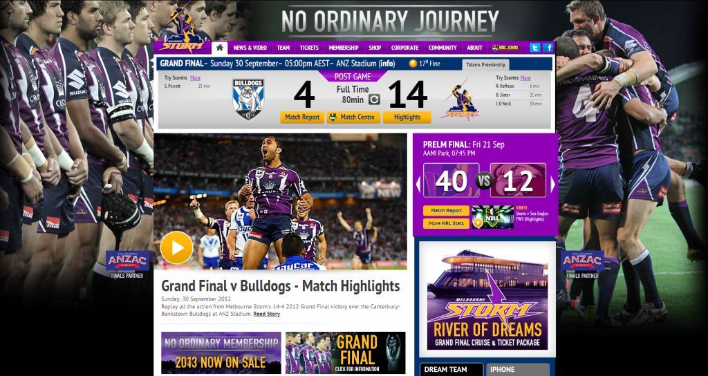 www. Melbourne Storm.com.au website won 2012 National Rugby League NRL Grand Final beat Bulldogs ANZ Stadium score board