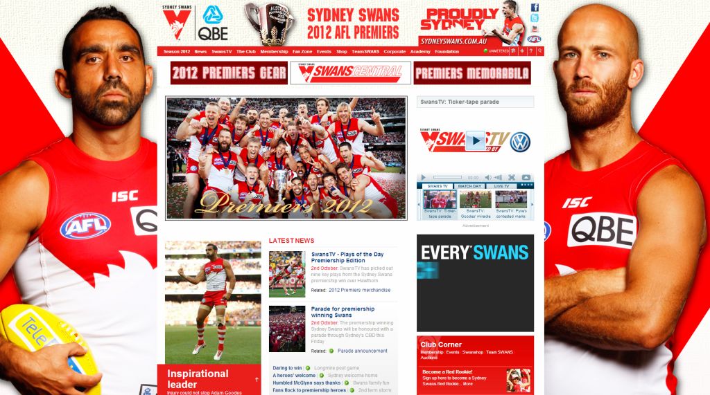 www. SydneySwans. com.au official website Sydney Swans won 2012 AFL Australian Football League Premiership Cup Grand Final winners footy Adam Goodes