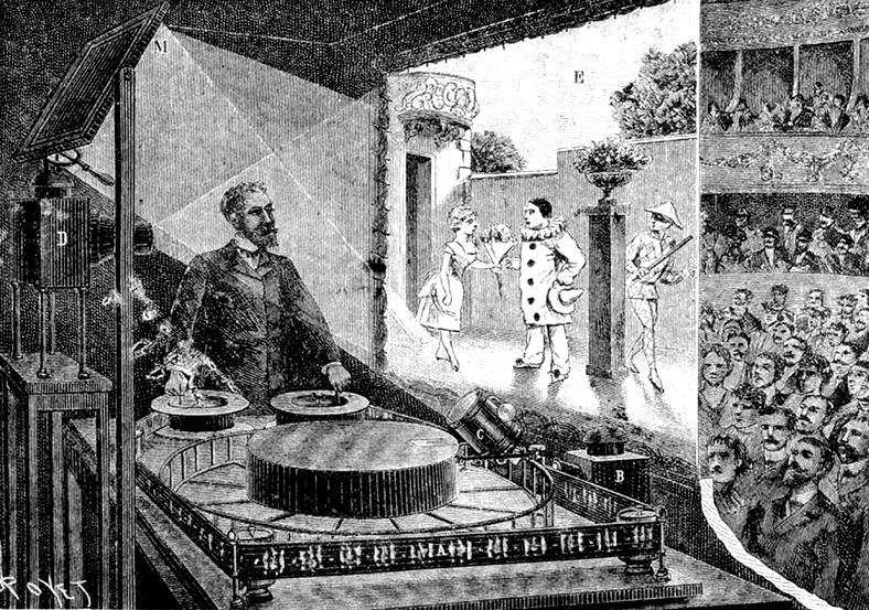Charles-Émile Reynaud théâtre optique 1892 World first animated cartoon rear projection screen moving pictures audience old illustration