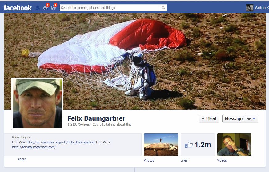 Felix Baumgartner www.Facebook.com  Austrian skydiver parachute landing mission World record 2012 Roswell New Mexico USA likes Red Bull Stratos