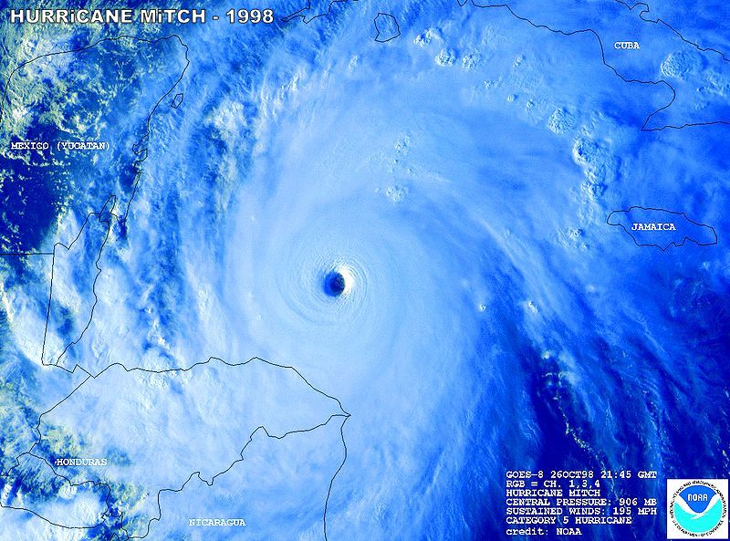 Hurricane Mitch peak intensity image Eye of the storm GOES-8 1998 NOAA Honduras Atlantic ocean Mexico Cuba Jamaica  