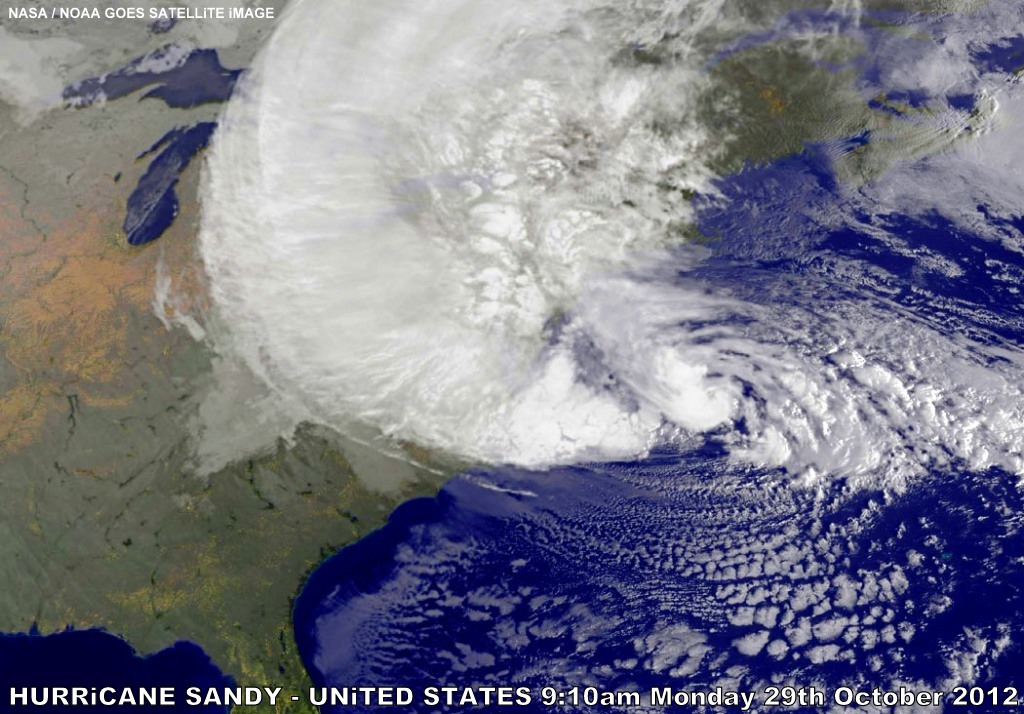 Hurricane Sandy Super Storm satellite image United States East coast Monday 29th October 2012 Tropical clouds Frankenstorm ocean sea land photo