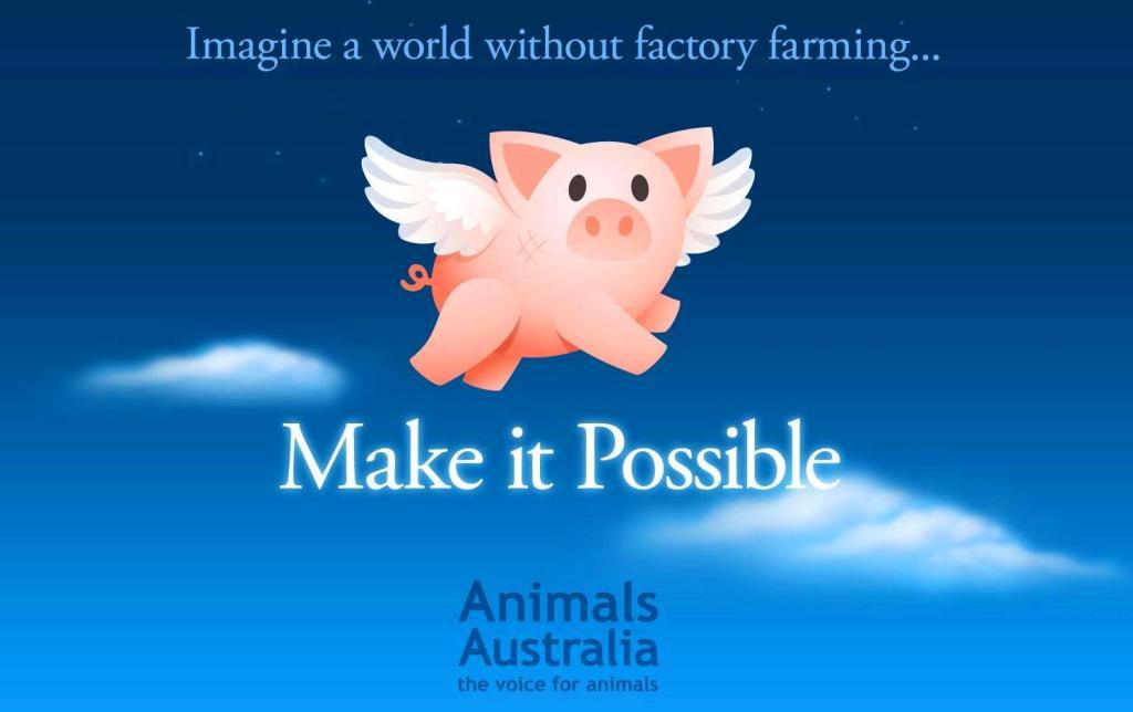 Make it Possible.com flying pig Animals Australia pink pigs fly blue sky no factory farming voice graphic logo