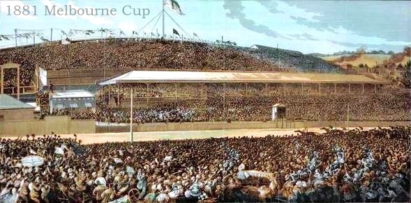 1881 Melbourne Cup finish line Flemington Racecourse horse race horses racing historic crowd art engraving Australians illustrated artwork