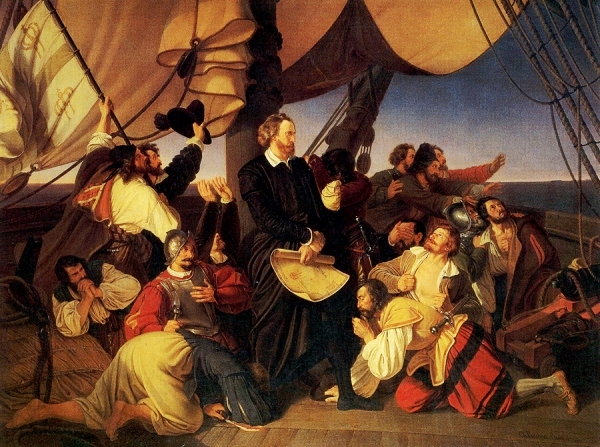 Columbus discovers America 1492 voyage ship sea sails crew men 1800s oil painting canvas German artist Ruben Christian