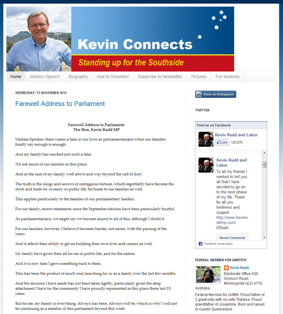 KevinRuddMP.com.au Kevin Connects website Farewell Address to Parliament 13 November 2013 Southside smiling photo