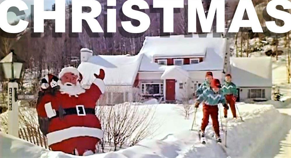 Christamas winter vintage snow scene skiing kids at holiday home Santa visiting house header banner white type