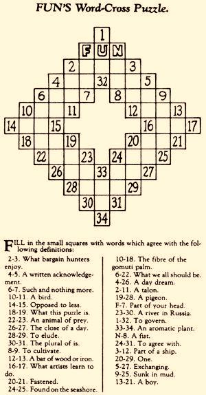 World's first crossword Fun's Word-Cross Puzzle by Arthur Wynne published 1913 New York World newspaper