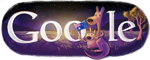 Google Australia Day tribute artwork Kangaroo joey baby Australian flag purple Aussie night landscape art painting 2013