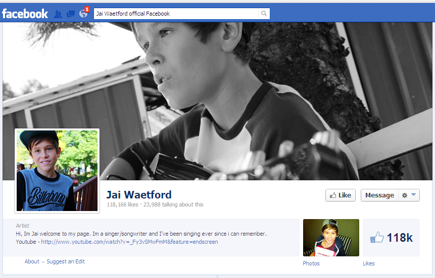 Jai Waetford official Facebook page cover photo 2013 Australian X-Factor 14 year old boy singer guitarist Billabong profile photo