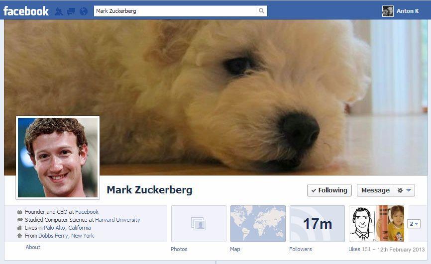 Mark Zuckerberg Facebook profile page Puli the Hungarian Sheepdog cover photo 17 million likes following 2013